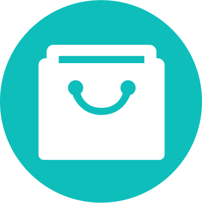 A white shopping bag icon with a smiley face is centered on a teal circular background.