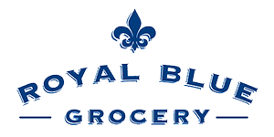Logo of Royal Blue Grocery with a blue fleur-de-lis symbol above the text. "ROYAL BLUE" is in an arc above "GROCERY," all in uppercase blue letters.