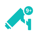 Centralize all your cameras into one easy to use platform - Icon of a security camera with a badge reading "9+" indicating more than nine notifications or alerts.