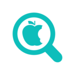 Teal magnifying glass icon with an apple symbol in the center, featuring a bite mark on the right side of the apple.