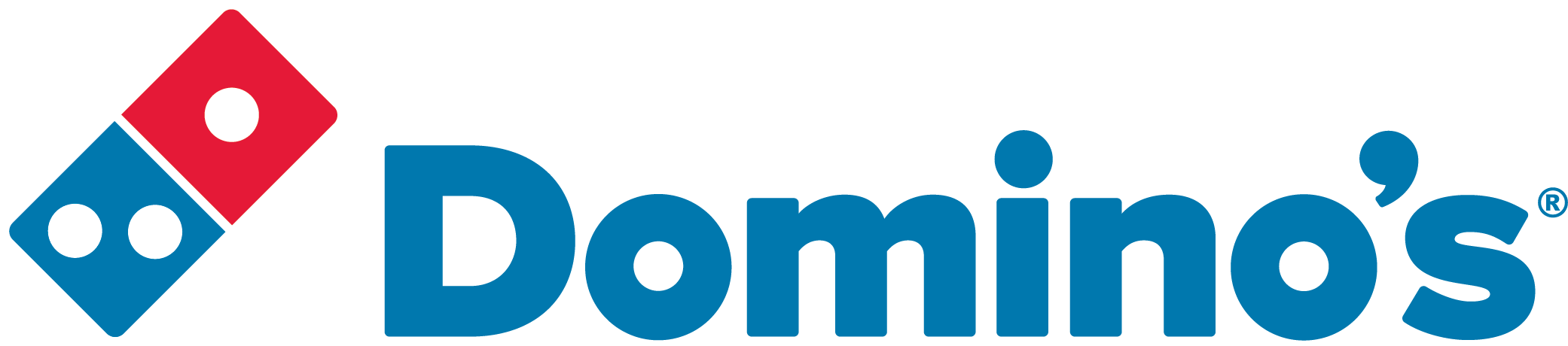 Domino’s corporate logo. It features a blue and red domino piece with the brand name “Domino’s” in blue text to the right.
