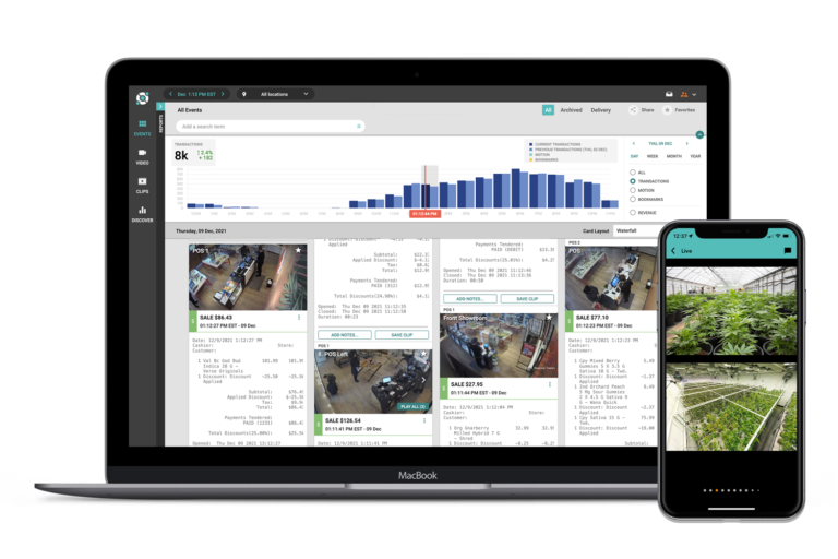 Laptop and smartphone display analytics and surveillance images, including bar charts and security camera footage of various locations.