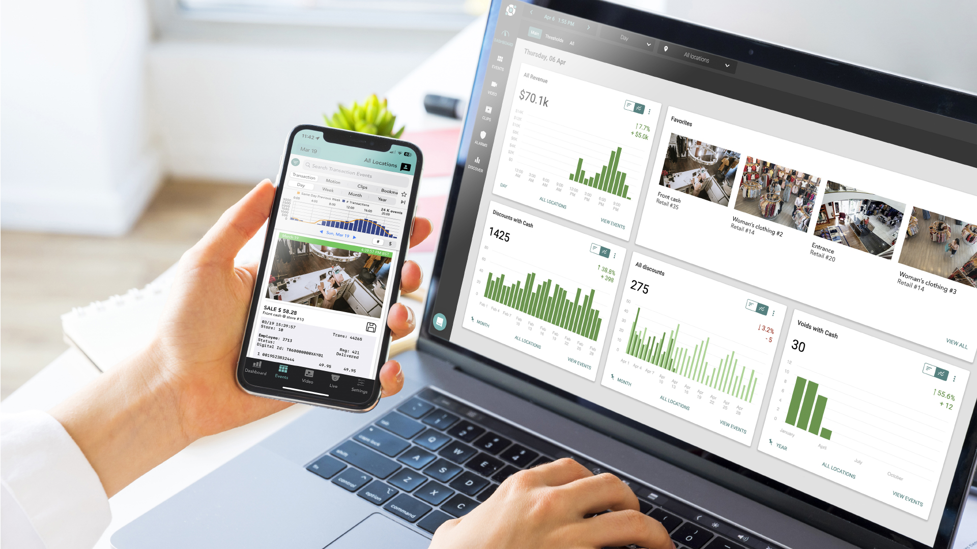 Person using a smartphone and a laptop to view analytical data and security footage on dashboards.