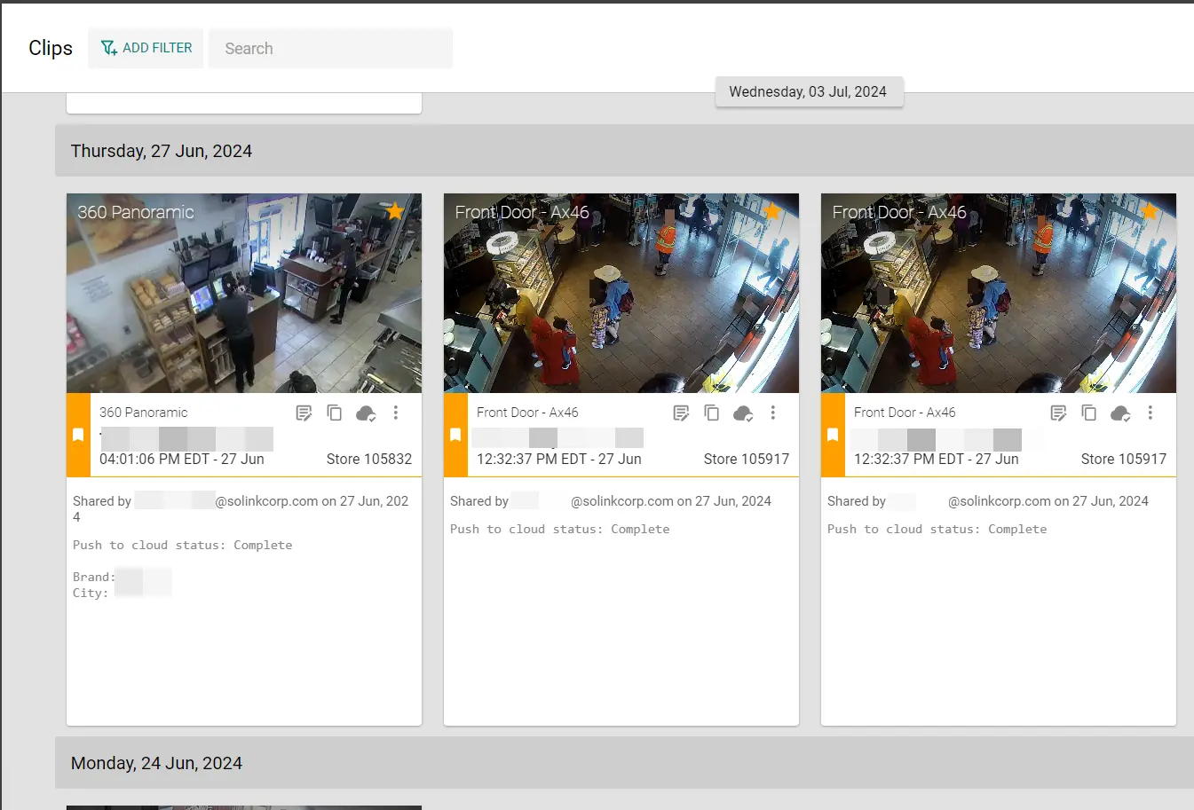 A screenshot showing security camera footage on Thursday, June 27, 2024. The footage displays three camera views: 360 Panoramic and two Front Door views marked AV-6. Video statuses indicate "Complete.