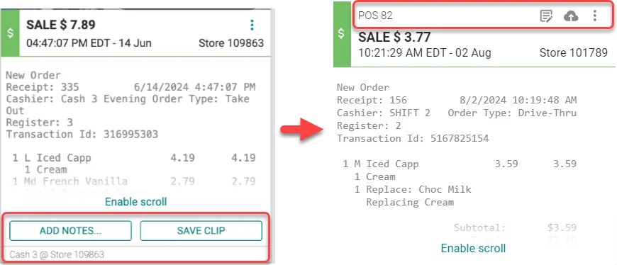 Comparison of two sale receipts for Iced Capp drinks. The first receipt totals $7.89 with three items. The second receipt totals $3.77 with one item and a note about replacing chocolate milk with cream.