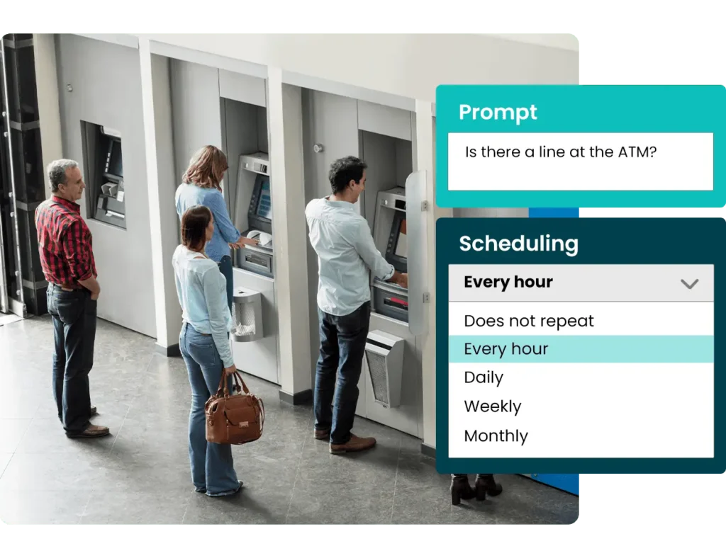 People waiting in line to use ATMs, with digital overlays showing scheduling options and a prompt asking about ATM wait times.