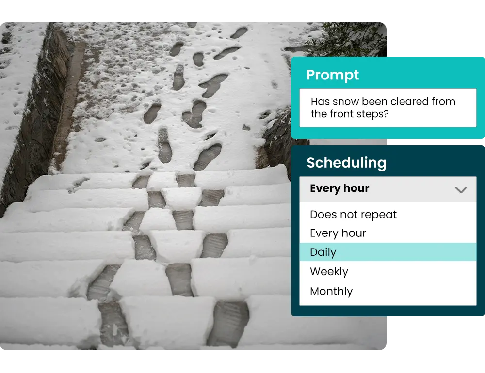 Snow-covered steps with multiple footprints. Two digital panels display a scheduling prompt, options include hourly, daily, weekly, and monthly.
