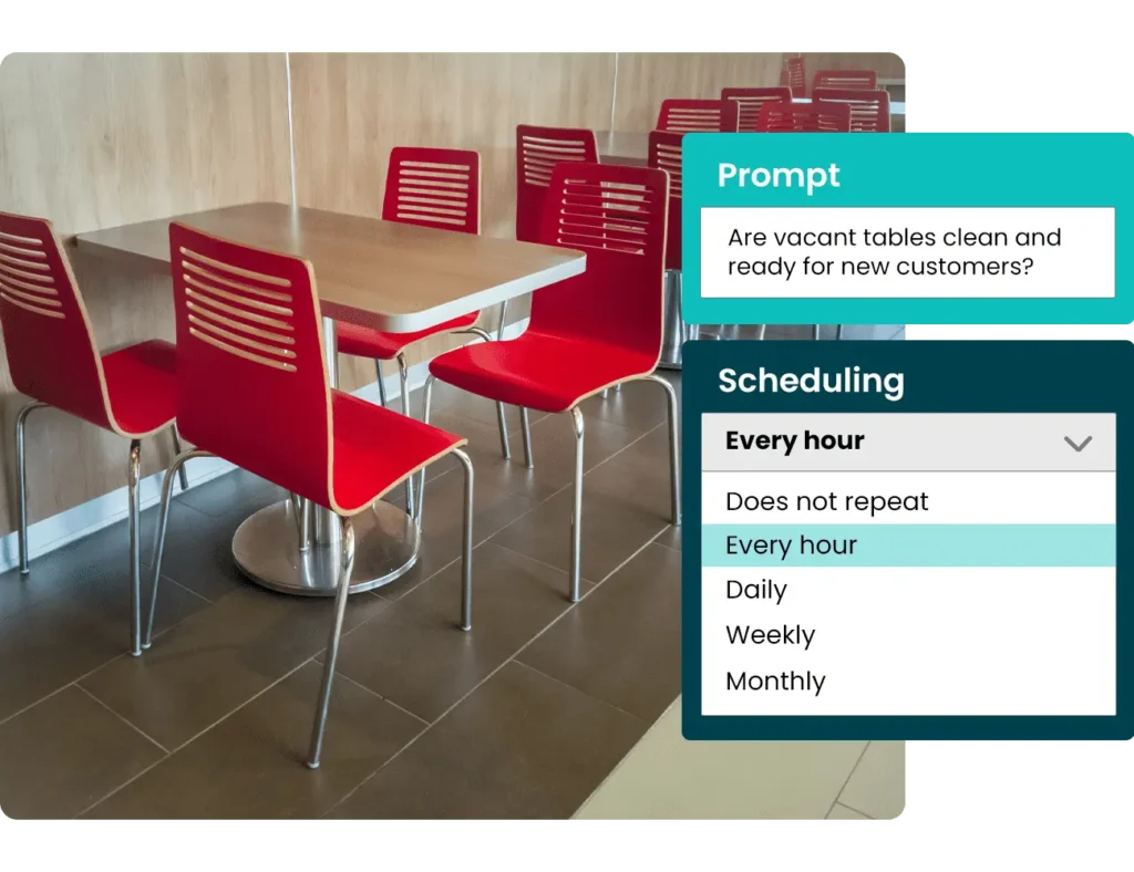 An empty restaurant table with red chairs and a digital overlay showing scheduling options for checking vacant tables.
