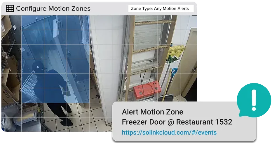 An alert motion zone where a person is standing in front of a freezer door.