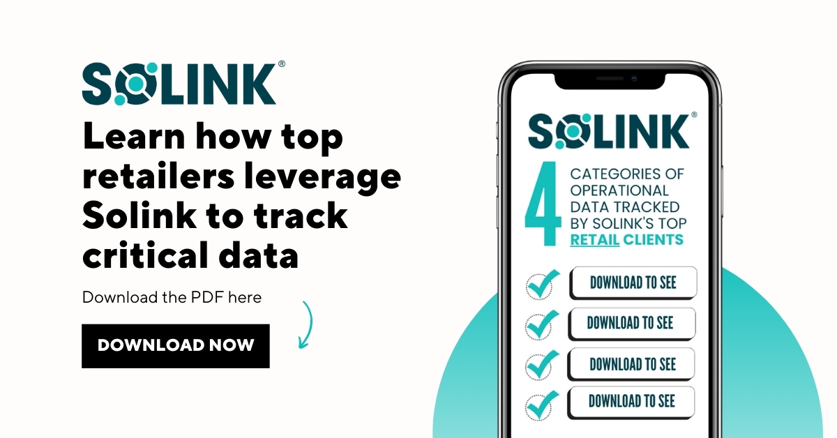 Advertisement for Solink on a smartphone screen with four download options for data tracking PDF. Text emphasizes how top retailers use Solink to track critical data.