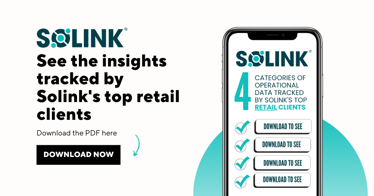 Promotional image for Solink, featuring a smartphone displaying “4 Categories of Operational Data” and a "Download Now" button for a PDF on insights by Solink's retail clients.