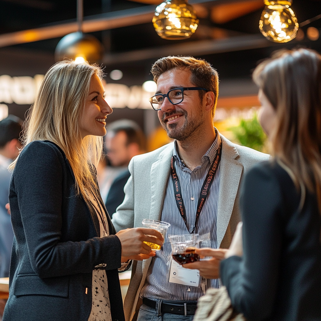 Three people stand together in a lively social setting, engaged in conversation and holding drinks, with warm lighting in the background.