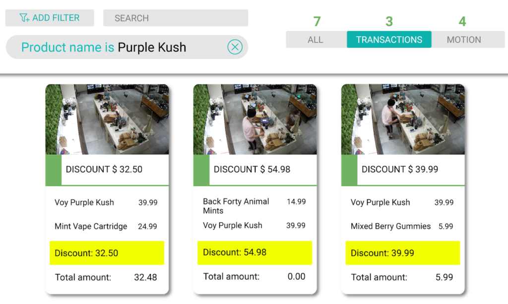 Screenshot of a transaction summary showing three items with discounts labeled in yellow. Products include "Purple Kush" and various cannabis items. Total amounts are displayed below each discount.