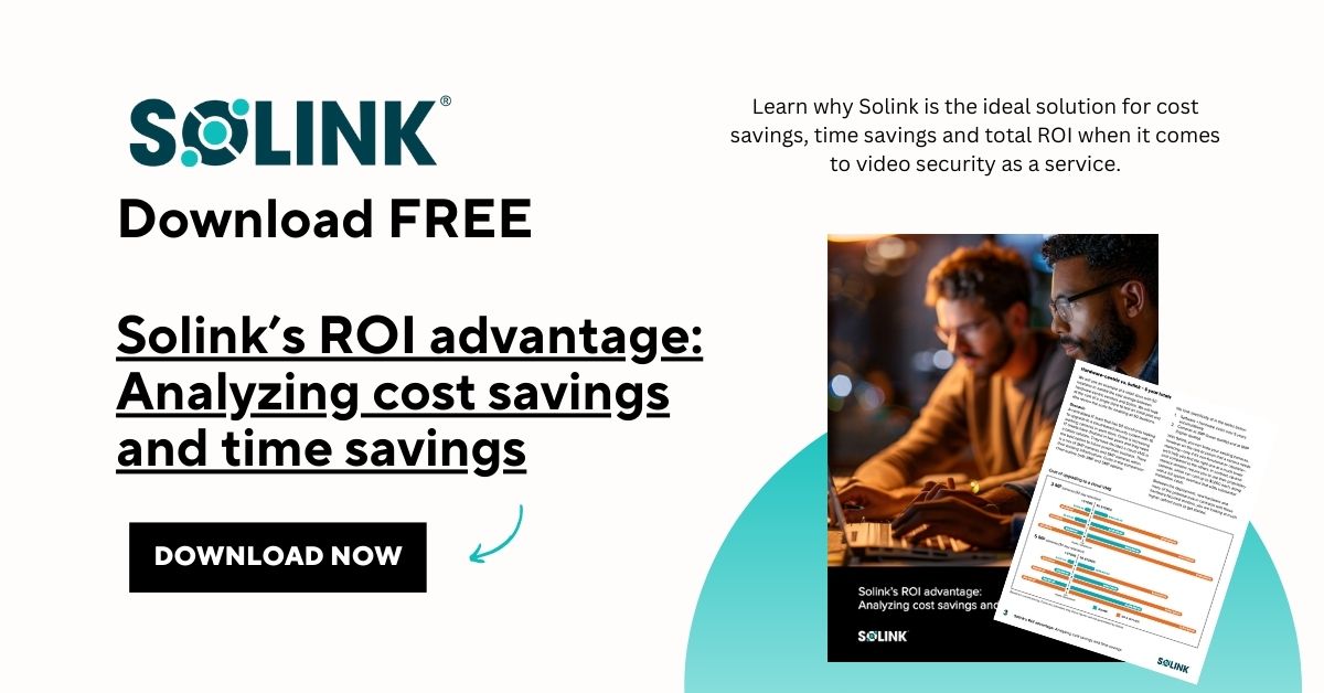 Promotional image for Solink's ROI analysis, highlighting cost and time savings in video security services. Includes a "Download Now" button and a sample report image.