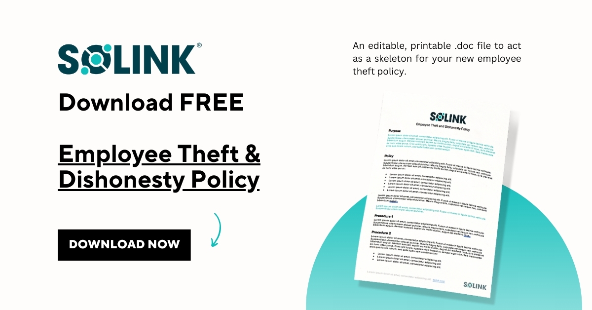 Advertisement for Solink's free downloadable employee theft and dishonesty policy document, featuring a call-to-action button and a visible sample policy page.