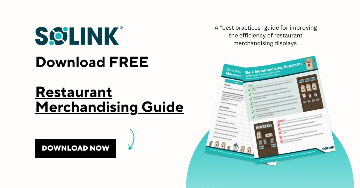 Advertisement for Solink's free "Restaurant Merchandising Guide" with an option to download now.