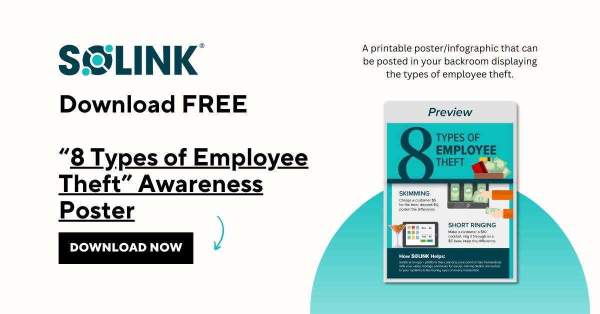 Advertisement for a free "8 Types of Employee Theft" awareness poster by Solink, featuring a preview of the infographic.