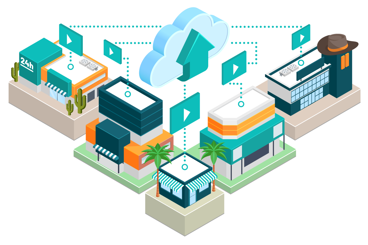 Digital cloud connecting four diverse buildings, depicting data transfer or cloud services with directional arrows and media icons.