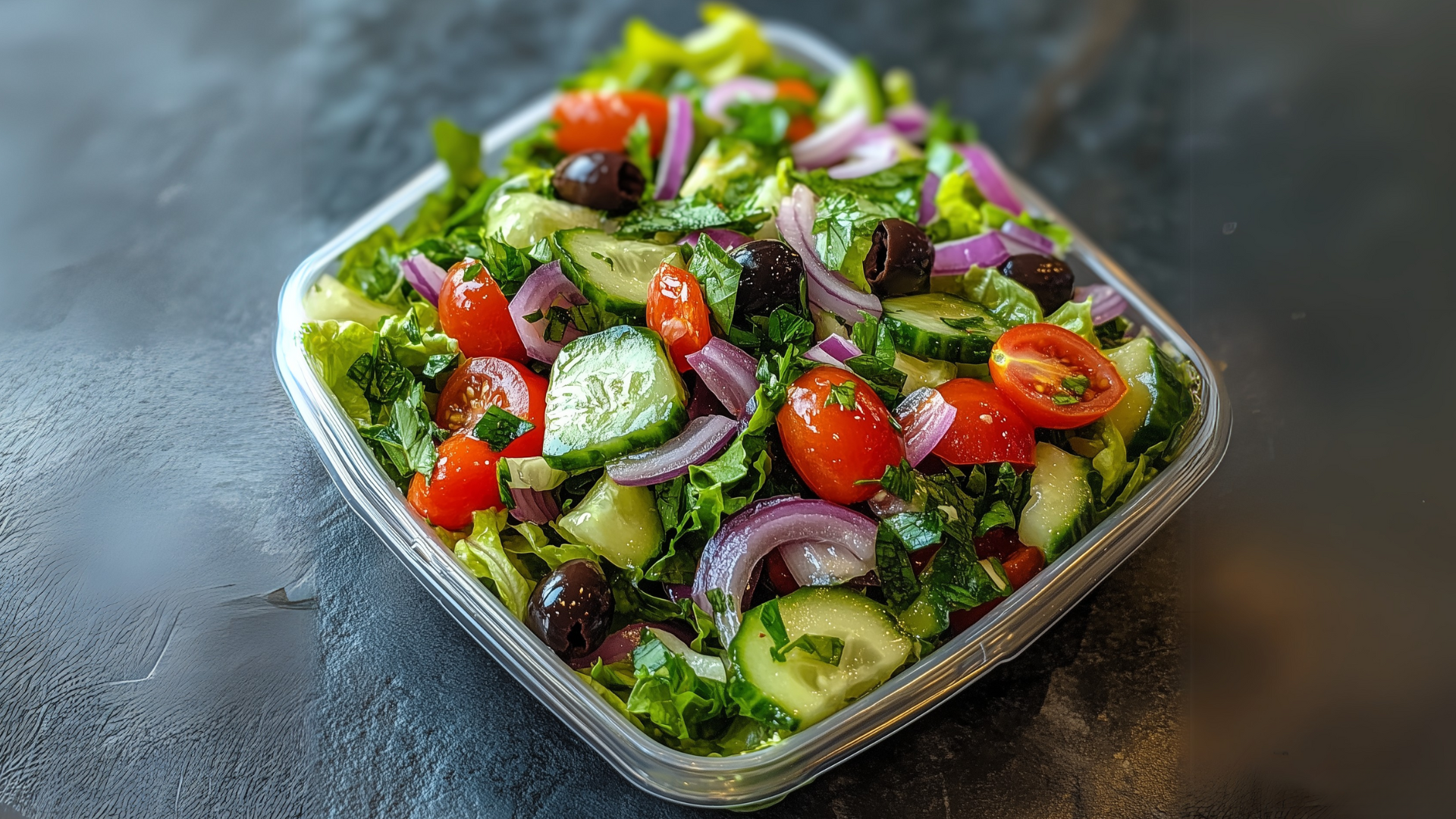 A clear container holds a fresh salad with cherry tomatoes, cucumber slices, red onion, olives, and leafy greens, garnished with herbs.