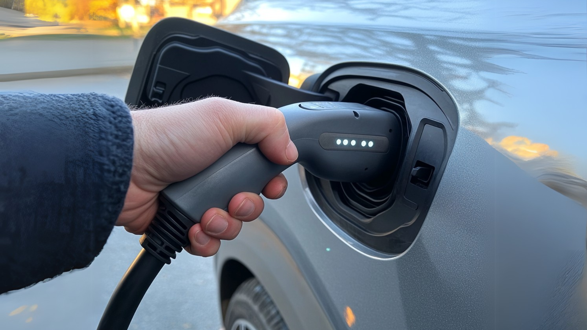 A hand plugs a charging cable into an electric car's charging port.