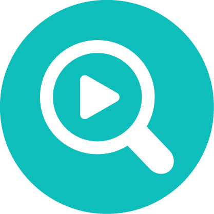 Icon of a magnifying glass with a play button inside, on a turquoise background.