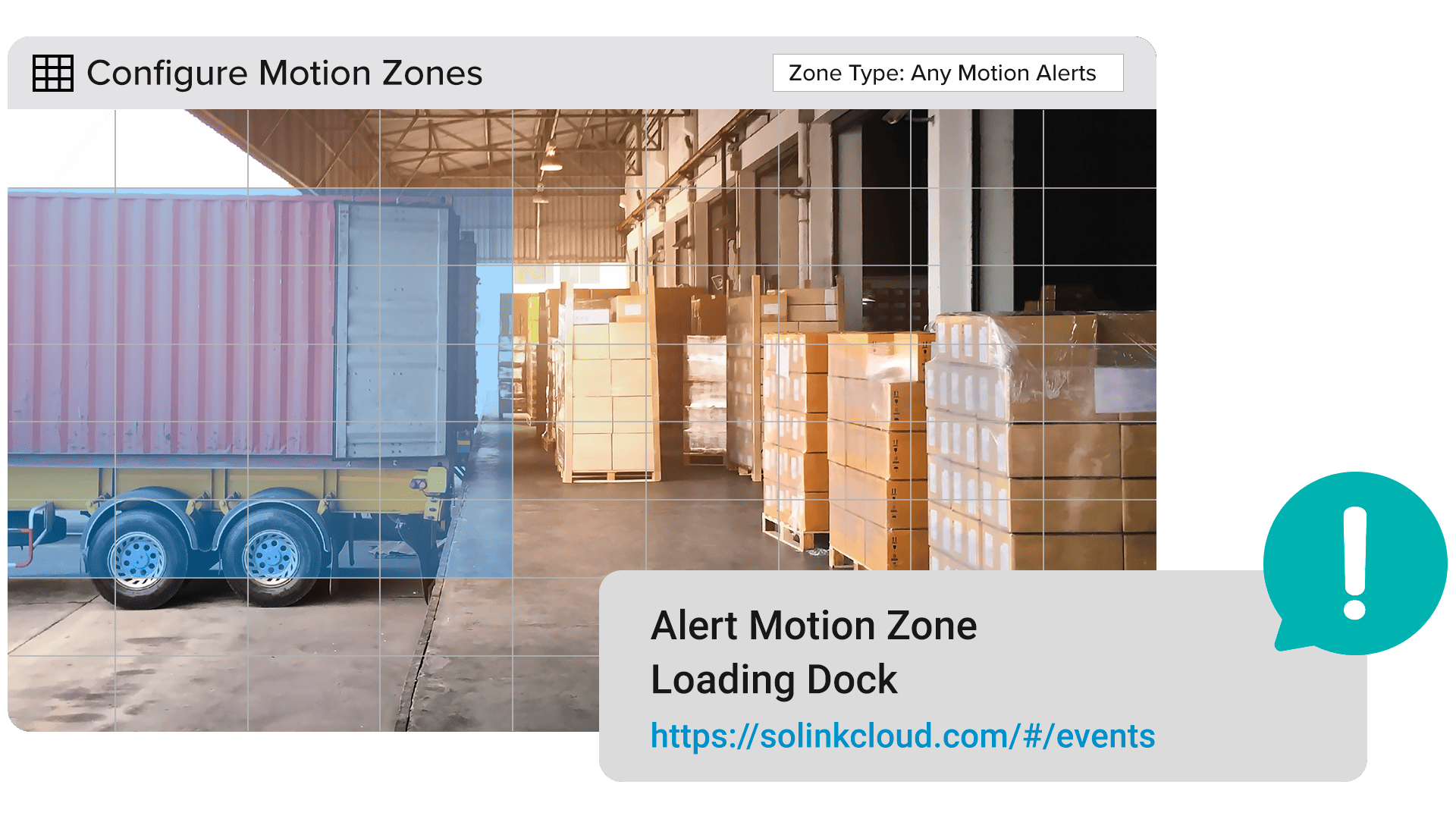 Loading dock with a shipping container truck and palletized boxes. Alert notification message with a web link is overlaid on the image.