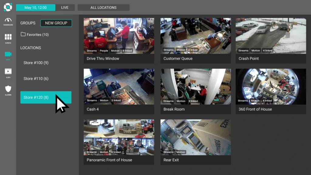 Surveillance camera feed showing multiple angles of a store, including drive-thru, customer queue, cash points, break room, and exterior. A cursor hovers over "Store #120 (8).