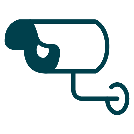 Icon of a security camera facing left with a simple, stylized design in dark teal.