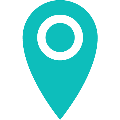 A teal location pin icon with a circular center on a white background.