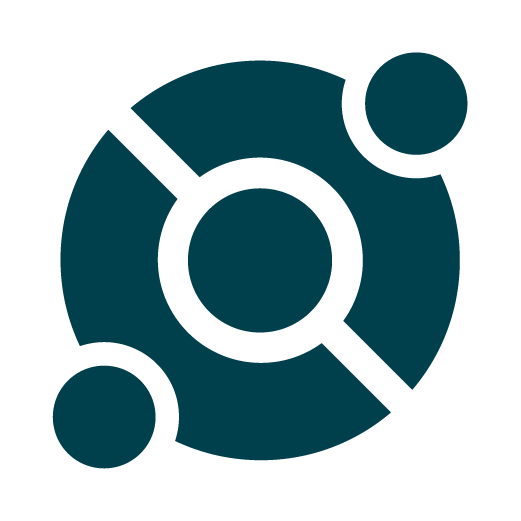 Dark teal logo with a central circle, two smaller circles orbiting it, and two diagonal lines connecting them.