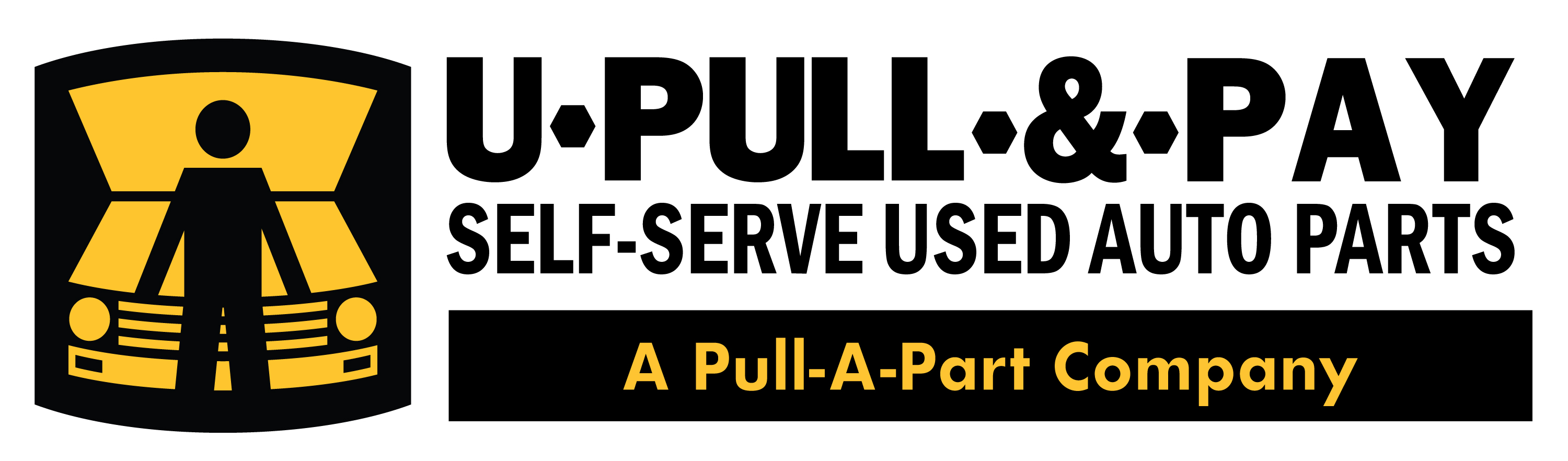 Logo of U-Pull-&-Pay, featuring a stylized figure with a vehicle, and text stating "Self-Serve Used Auto Parts" and "A Pull-A-Part Company.