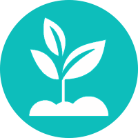White plant with three leaves growing from a mound on a teal circular background.