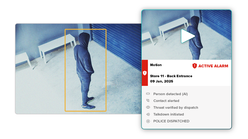 Security footage of a person at a store's back entrance. An active alarm is triggered with a motion detection alert on January 9, 2025, showing police dispatched.