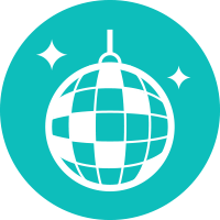 Icon of a white disco ball with sparkles on a teal background.