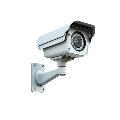 Wall-mounted security camera with a protective housing and adjustable arm.