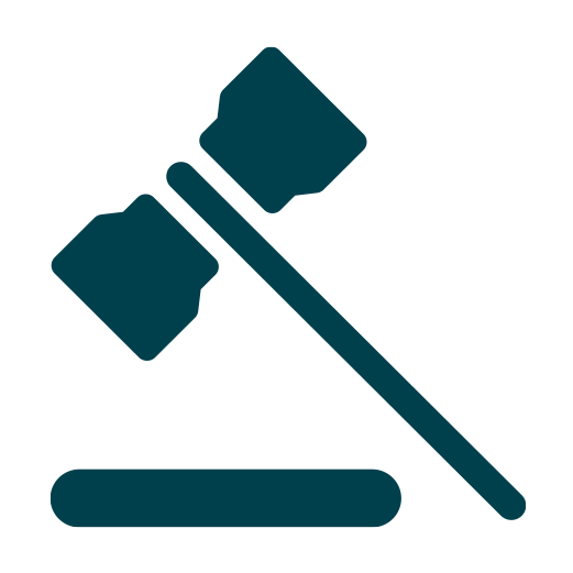 Icon of a teal gavel striking a base, symbolizing law or justice.