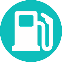 Icon of a white gas pump with a hose on a teal circular background.