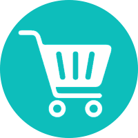 White shopping cart icon on a teal circular background.
