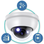 A white dome security camera surrounded by icons of a sparkle, a graph, and a mobile device.