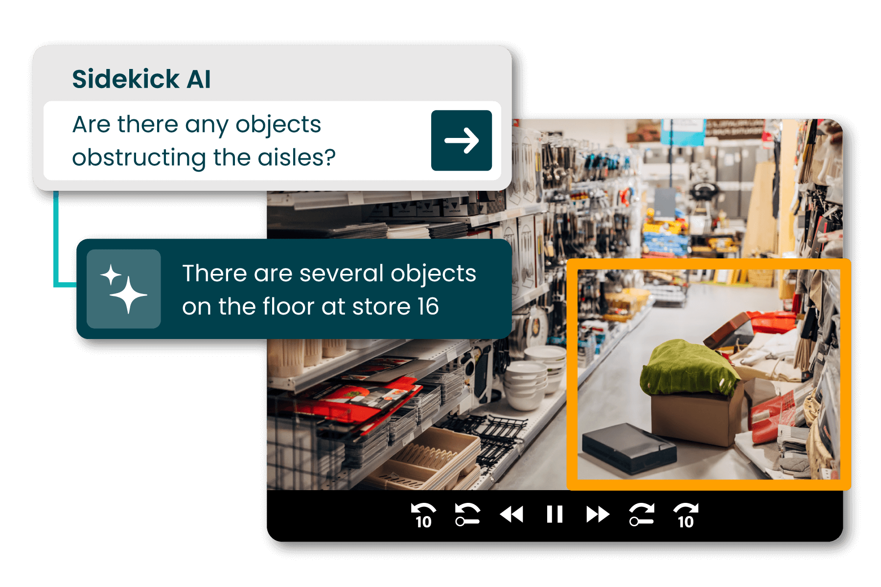 An image shows a store aisle with objects on the floor and a digital interface highlighting the obstruction at store 16.