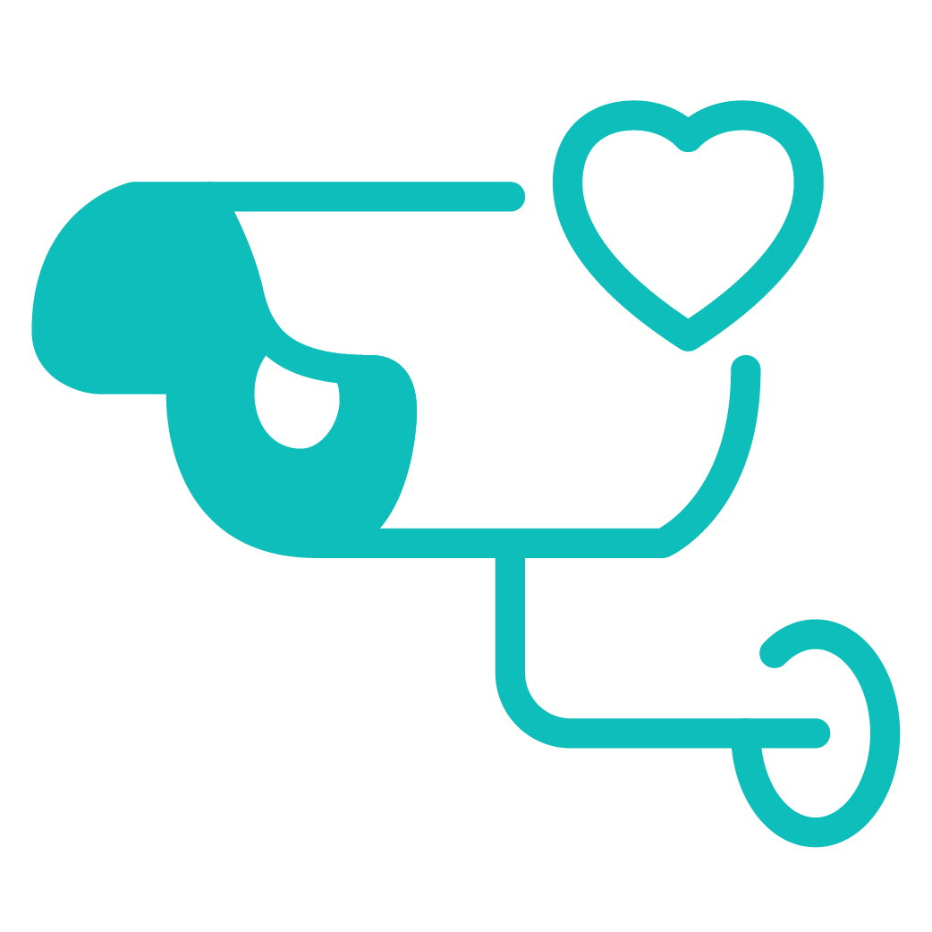 Stylized teal outline of a surveillance camera with a heart shape above it.