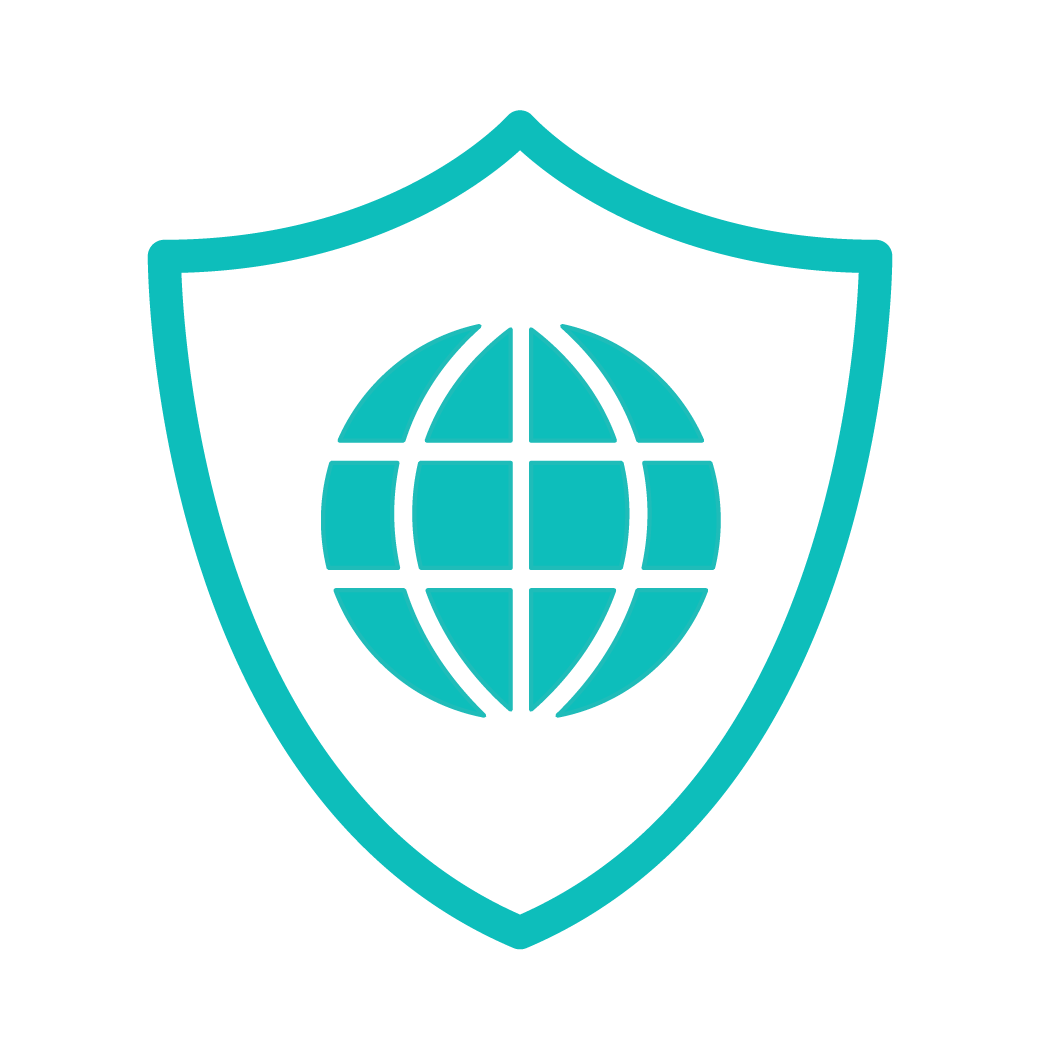 A teal shield icon with a globe symbol in the center, representing internet security or global protection.