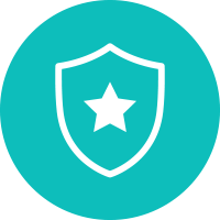 A white shield with a star icon in the center on a teal circular background.