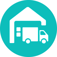 A white truck entering a warehouse is depicted inside a teal circle.