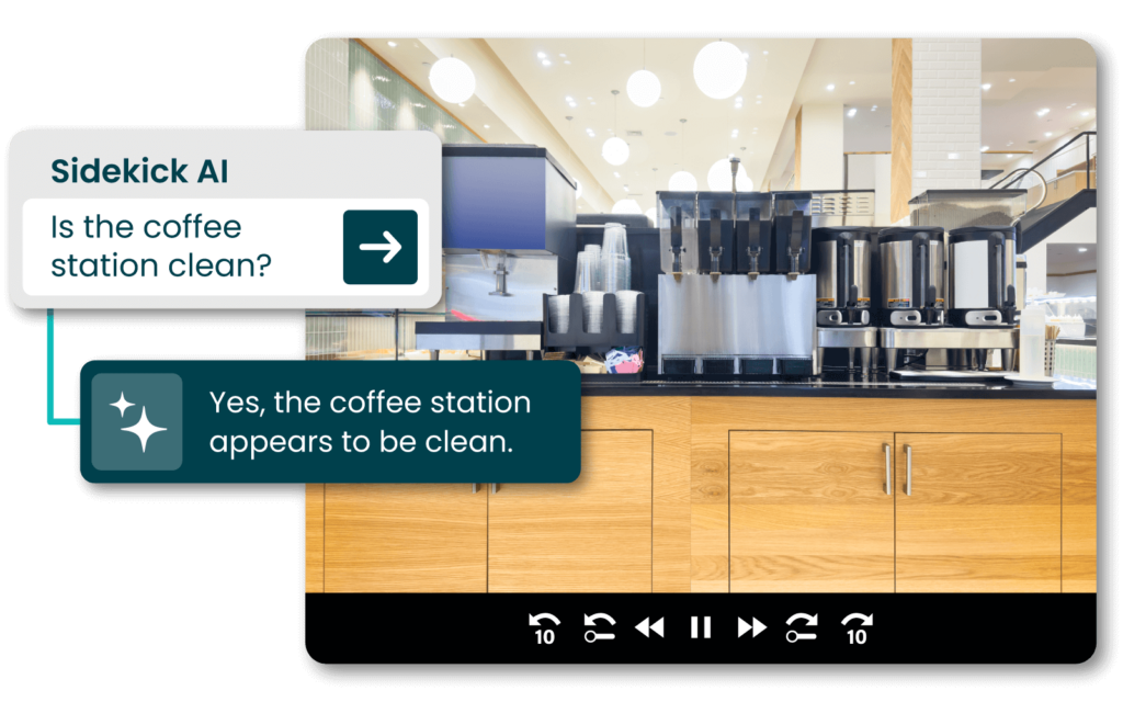 A coffee station with multiple coffee dispensers and cups. Text overlay from "Sidekick AI" asks about cleanliness, with a response confirming the station is clean.