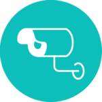 Icon of a security camera in a light cream color on a teal circular background.