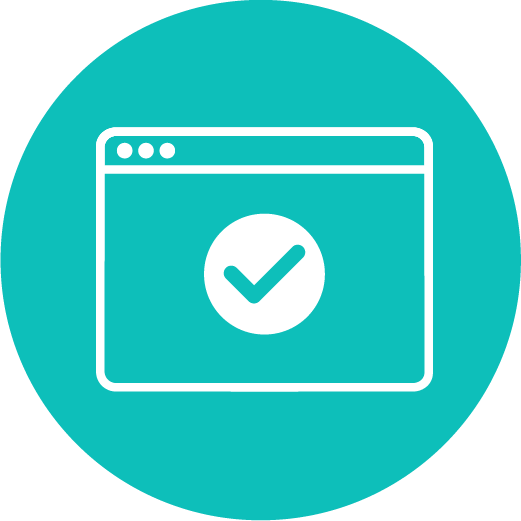 Icon of a web browser window with a checkmark inside a circle, displayed on a teal circular background.