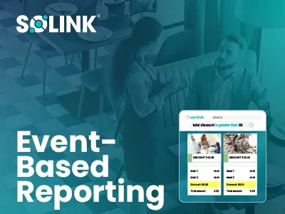 A woman talks to a man at a table. The image features an inset of a screen showing "Event-Based Reporting" with transaction details. Solink logo in the top left corner.
