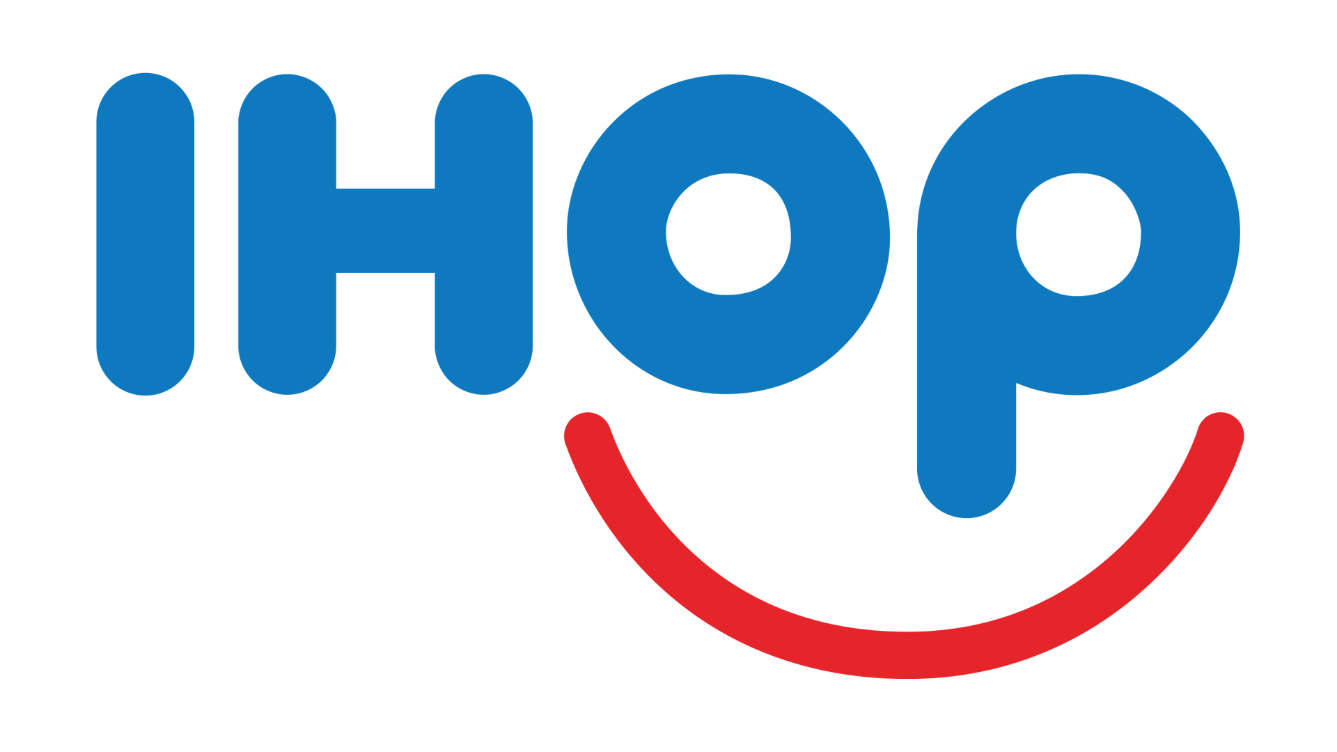 Blue IHOP logo with two 'O's featuring plus signs, and a red curved line resembling a smile underneath.
