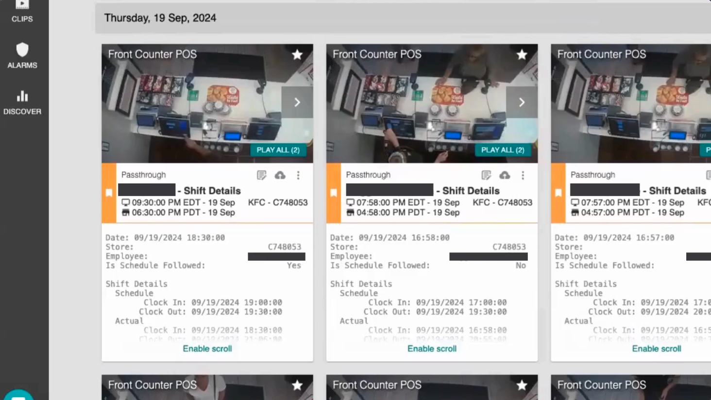 Four security monitor feeds showing different views of a front counter area with detailed shift information and timestamps on each.